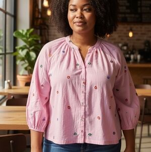 EASEL | Pastel Pink Small Multicolor Floral Embroidered Button Down Blouse | L